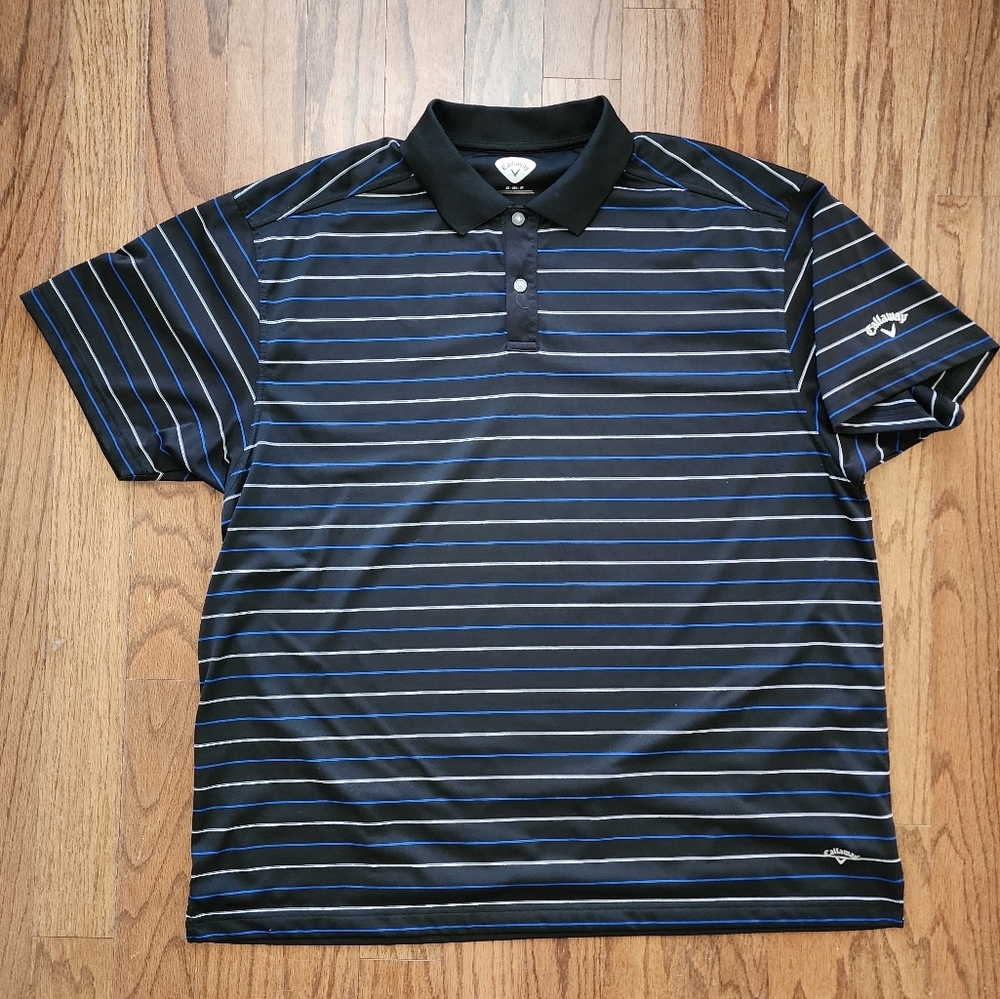 Callaway Men's 2X Black Blue Striped Short Sleeves Golf Polo Casual Shirt